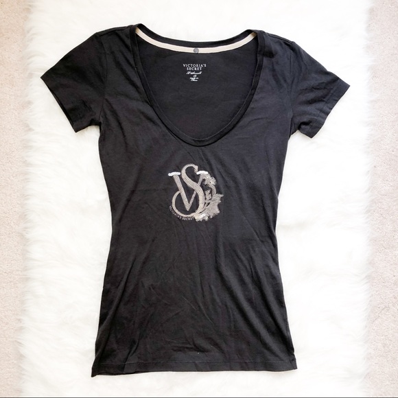 Victoria's Secret Tops - Gray Victoria’s Secret Sequin Logo Low Scoopneck T-Shirt